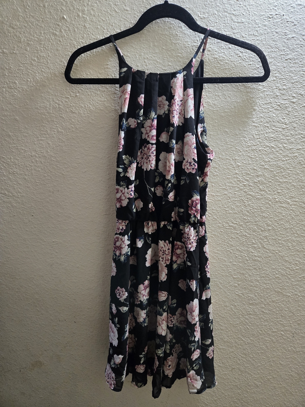 Blue Rain Black Floral Mini Dress with Pink Blooms